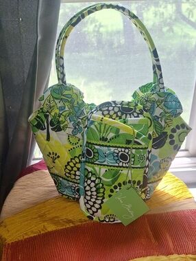 NWT Vera Bradley Lime Green Aqua Floral Quilted Ruffle Tote & Eye Glass Case
